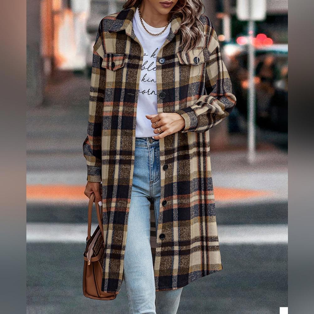 Casual Button Flap Pocket Plaid Overshirt Khaki Warm Coat (It Runs Big) - Picture 2 of 6